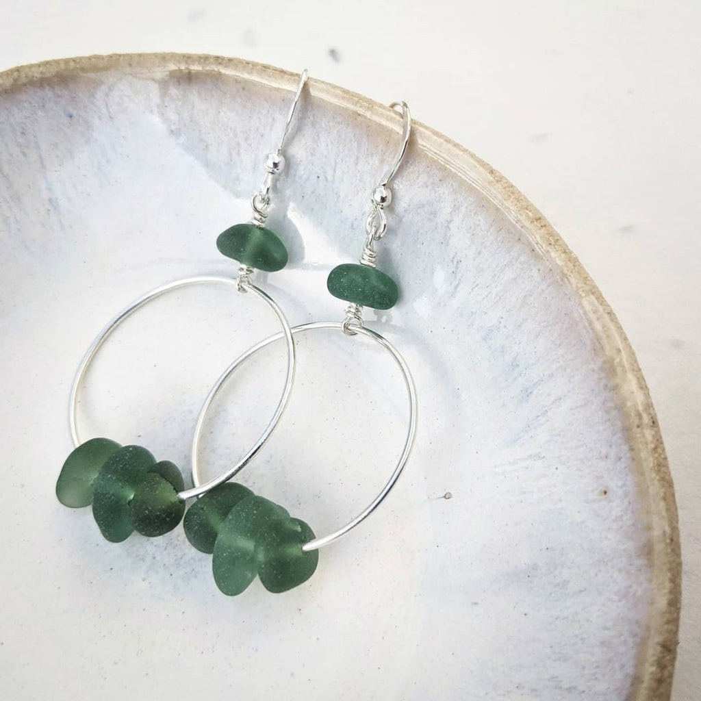Sterling silver forest green sea glass hoop earrings