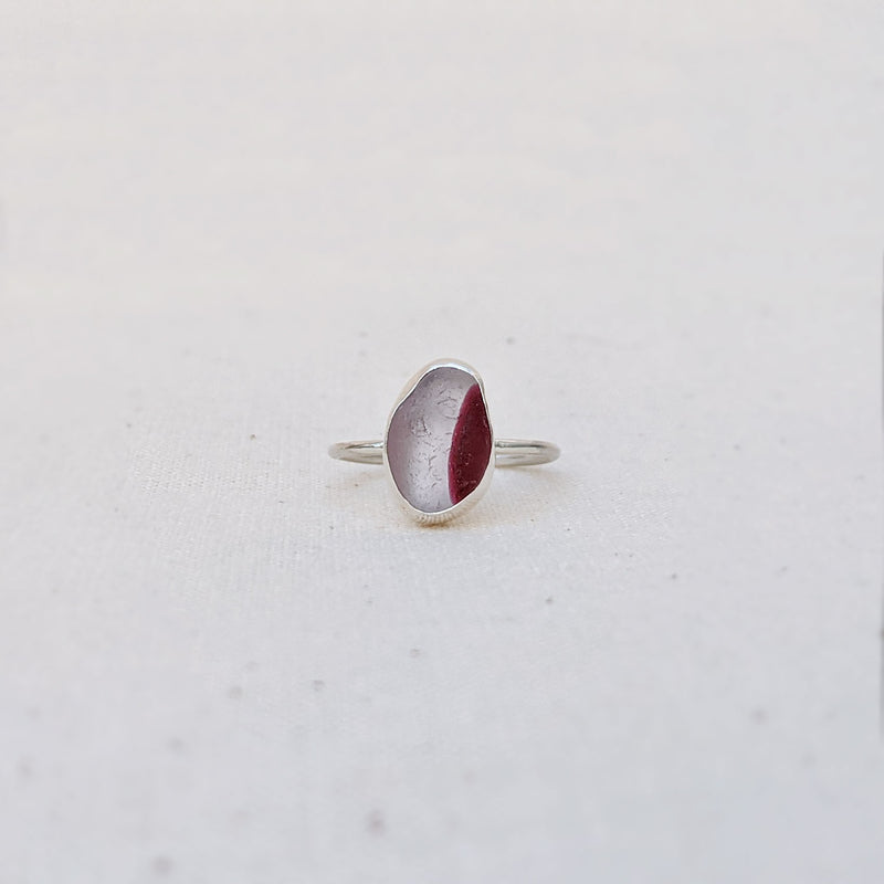 Front view of sterling silver ultra rare red and white multi coloured sea glass ring