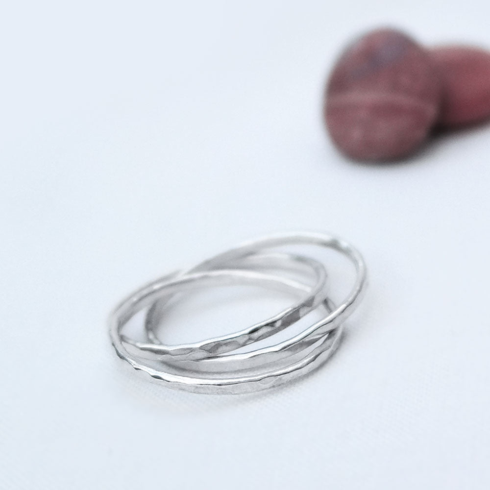 Sterling silver hammered thin trinity style ring, joined Russian ring 