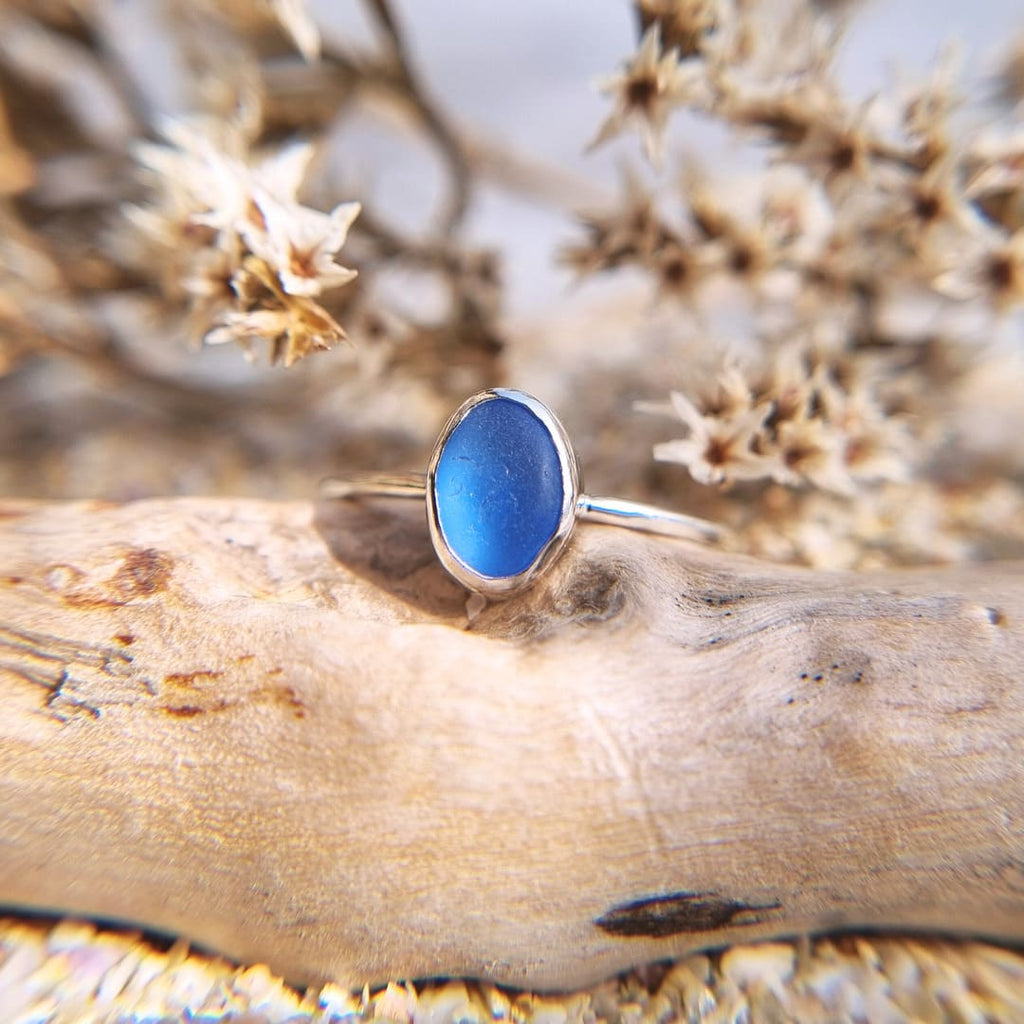 Cornflower blue sea glass ring