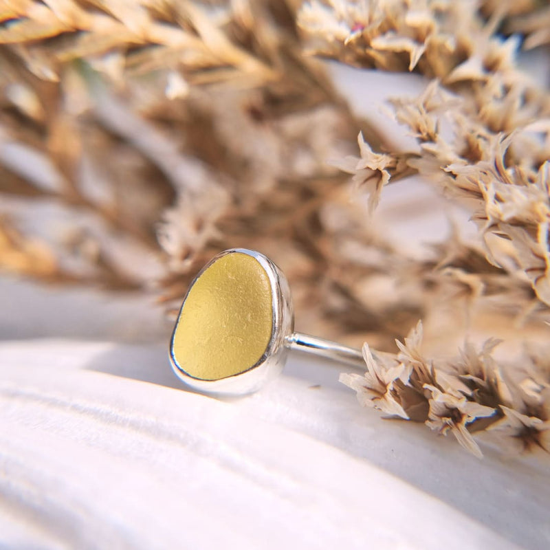 Golden glow yellow sea glass ring