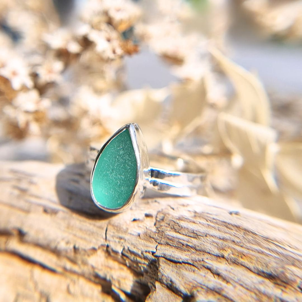 Bright turquoise drop sea glass ring