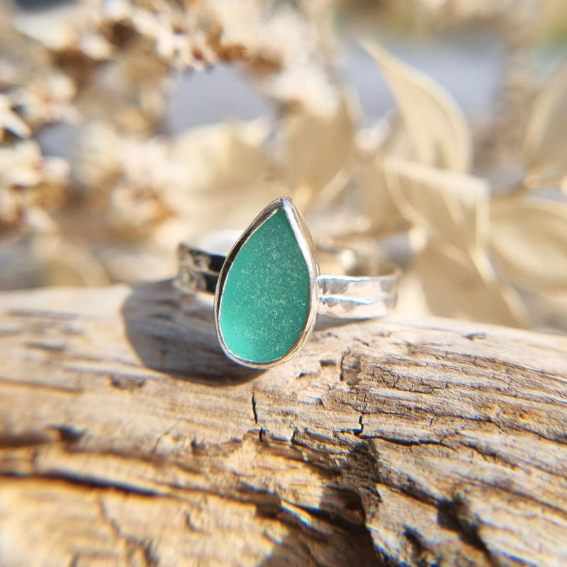 Bright turquoise drop sea glass ring