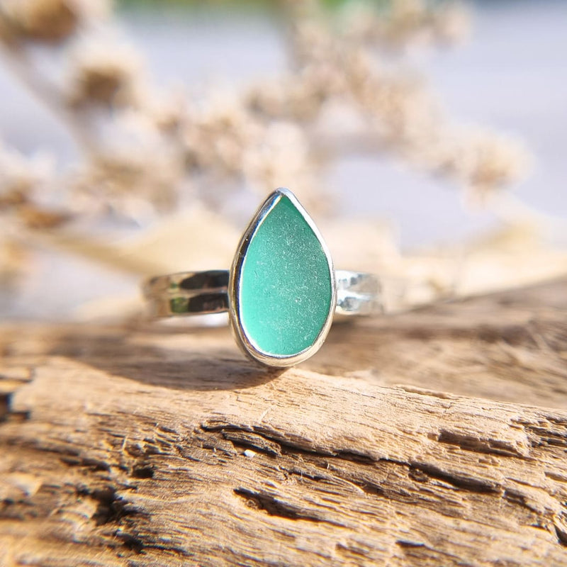 Bright turquoise drop sea glass ring